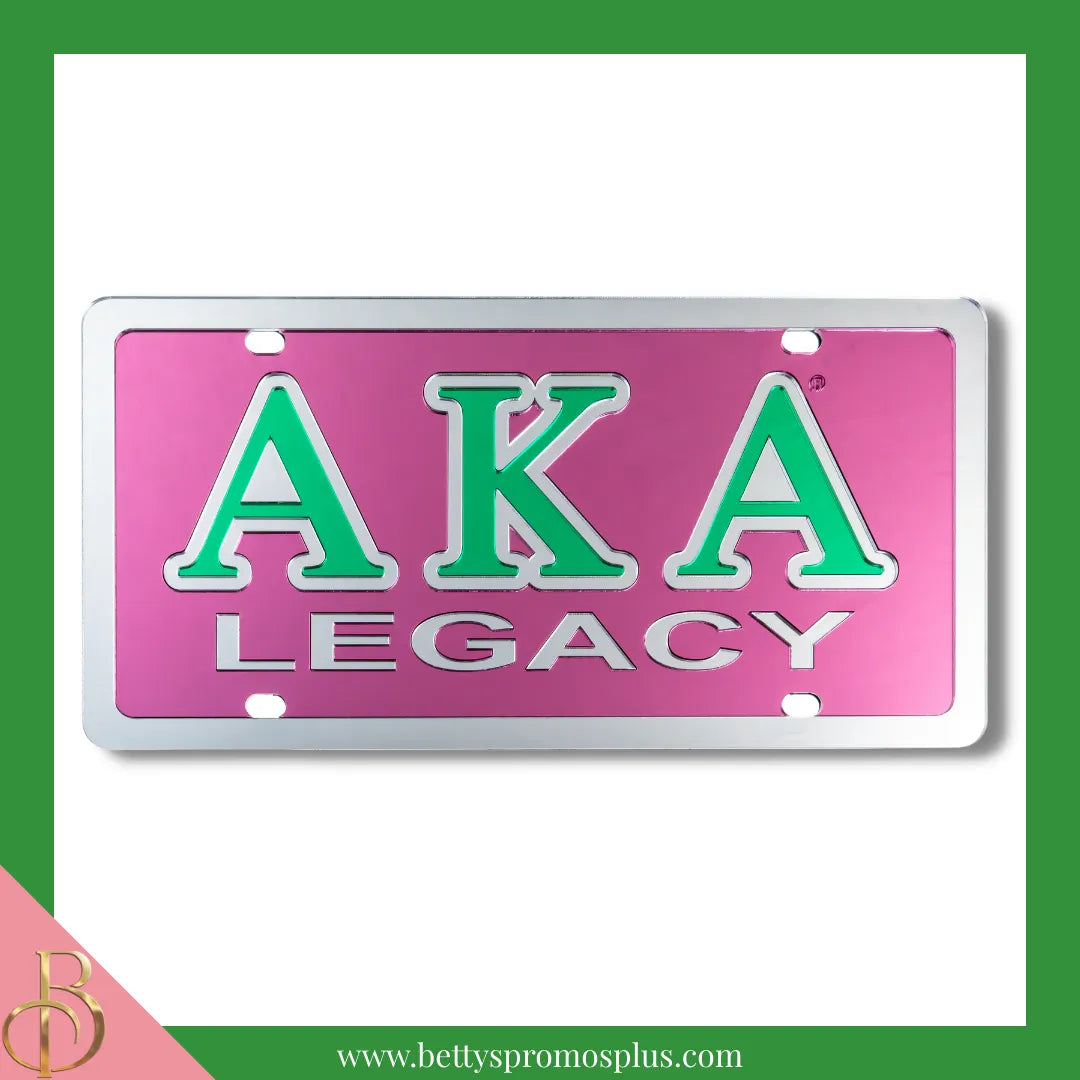 Alpha Kappa Alpha AKA Legacy Laser Engraved Mirrored Acrylic Auto Tag License Plate-Pink Background-Alpha Kappa Alpha Paraphernalia-Alpha Kappa Alpha Auto Tag-Betty's Promos Plus