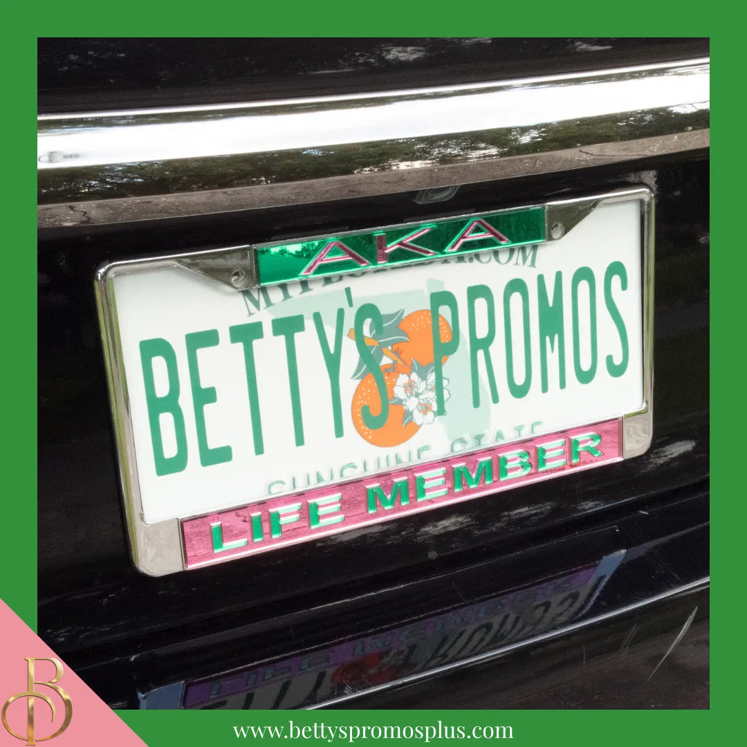 Alpha Kappa Alpha AKA Life Member Chrome Laser Engraved Mirrored Acrylic Auto Tag License Plate Frame-Alpha Kappa Alpha Paraphernalia-Alpha Kappa Alpha Auto Tag Frame-Betty's Promos Plus