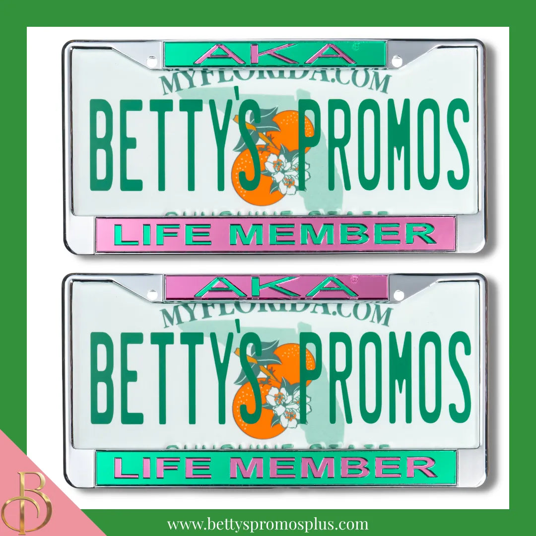 Alpha Kappa Alpha AKA Life Member Chrome Laser Engraved Mirrored Acrylic Auto Tag License Plate Frame-Alpha Kappa Alpha Paraphernalia-Alpha Kappa Alpha Auto Tag Frame-Betty's Promos Plus