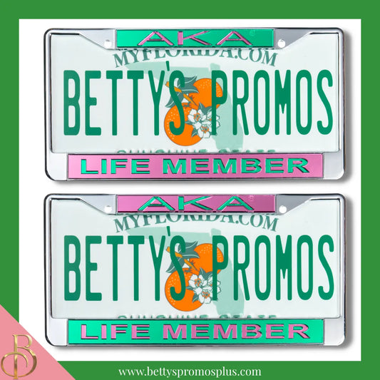 Alpha Kappa Alpha AKA Life Member Chrome Laser Engraved Mirrored Acrylic Auto Tag License Plate Frame-Alpha Kappa Alpha Paraphernalia-Alpha Kappa Alpha Auto Tag Frame-Betty's Promos Plus