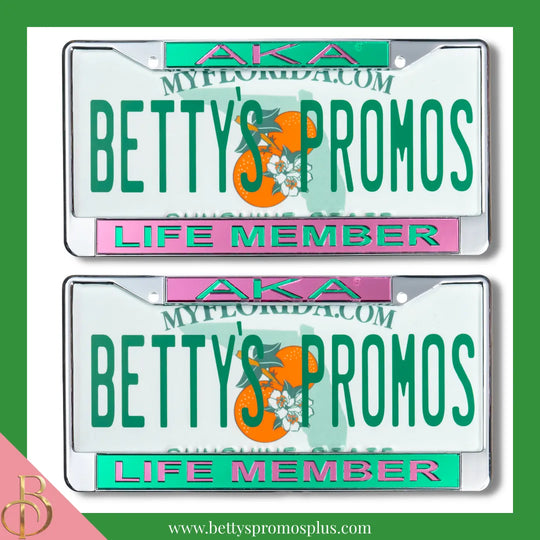 Alpha Kappa Alpha AKA Life Member Chrome Laser Engraved Mirrored Acrylic Auto Tag License Plate Frame-Alpha Kappa Alpha Paraphernalia-Alpha Kappa Alpha Auto Tag Frame-Betty's Promos Plus