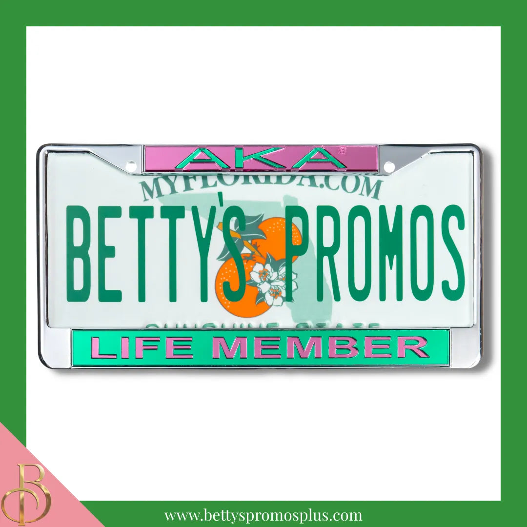 Alpha Kappa Alpha AKA Life Member Chrome Laser Engraved Mirrored Acrylic Auto Tag License Plate Frame-Green Bottom-Alpha Kappa Alpha Paraphernalia-Alpha Kappa Alpha Auto Tag Frame-Betty's Promos Plus