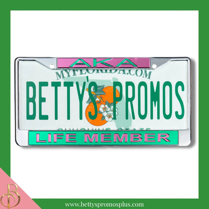 Alpha Kappa Alpha AKA Life Member Chrome Laser Engraved Mirrored Acrylic Auto Tag License Plate Frame-Green Bottom-Alpha Kappa Alpha Paraphernalia-Alpha Kappa Alpha Auto Tag Frame-Betty's Promos Plus