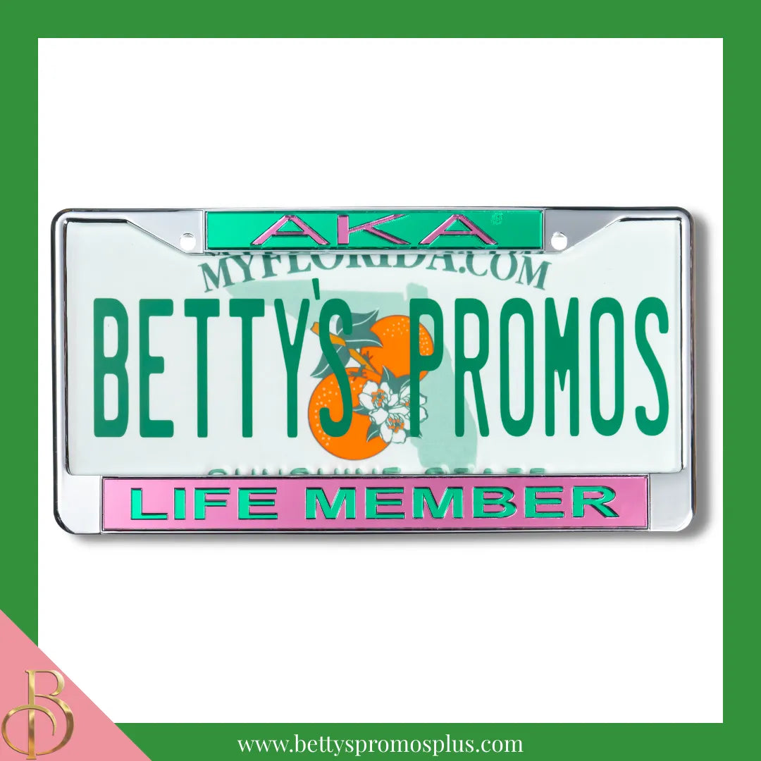 Alpha Kappa Alpha AKA Life Member Chrome Laser Engraved Mirrored Acrylic Auto Tag License Plate Frame-Pink Bottom-Alpha Kappa Alpha Paraphernalia-Alpha Kappa Alpha Auto Tag Frame-Betty's Promos Plus