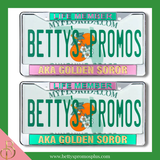Alpha Kappa Alpha AKA Life Member Golden Soror Chrome Laser Engraved Mirrored Acrylic Auto Tag License Plate Frame-Alpha Kappa Alpha Paraphernalia-Alpha Kappa Alpha Auto Tag Frame-Betty's Promos Plus