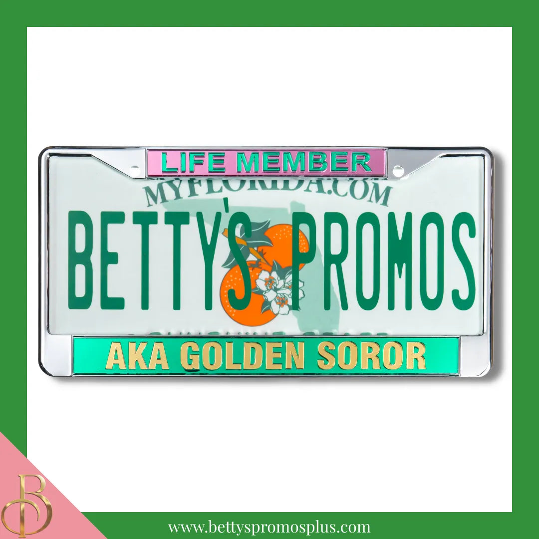 Alpha Kappa Alpha AKA Life Member Golden Soror Chrome Laser Engraved Mirrored Acrylic Auto Tag License Plate Frame-Green Bottom-Alpha Kappa Alpha Paraphernalia-Alpha Kappa Alpha Auto Tag Frame-Betty's Promos Plus
