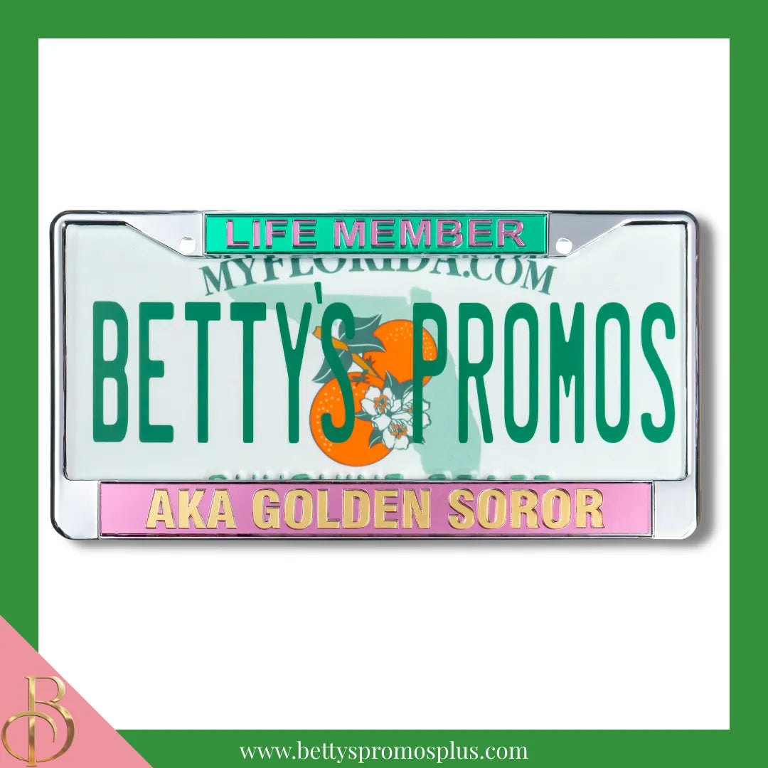 Alpha Kappa Alpha AKA Life Member Golden Soror Chrome Laser Engraved Mirrored Acrylic Auto Tag License Plate Frame-Pink Bottom-Alpha Kappa Alpha Paraphernalia-Alpha Kappa Alpha Auto Tag Frame-Betty's Promos Plus