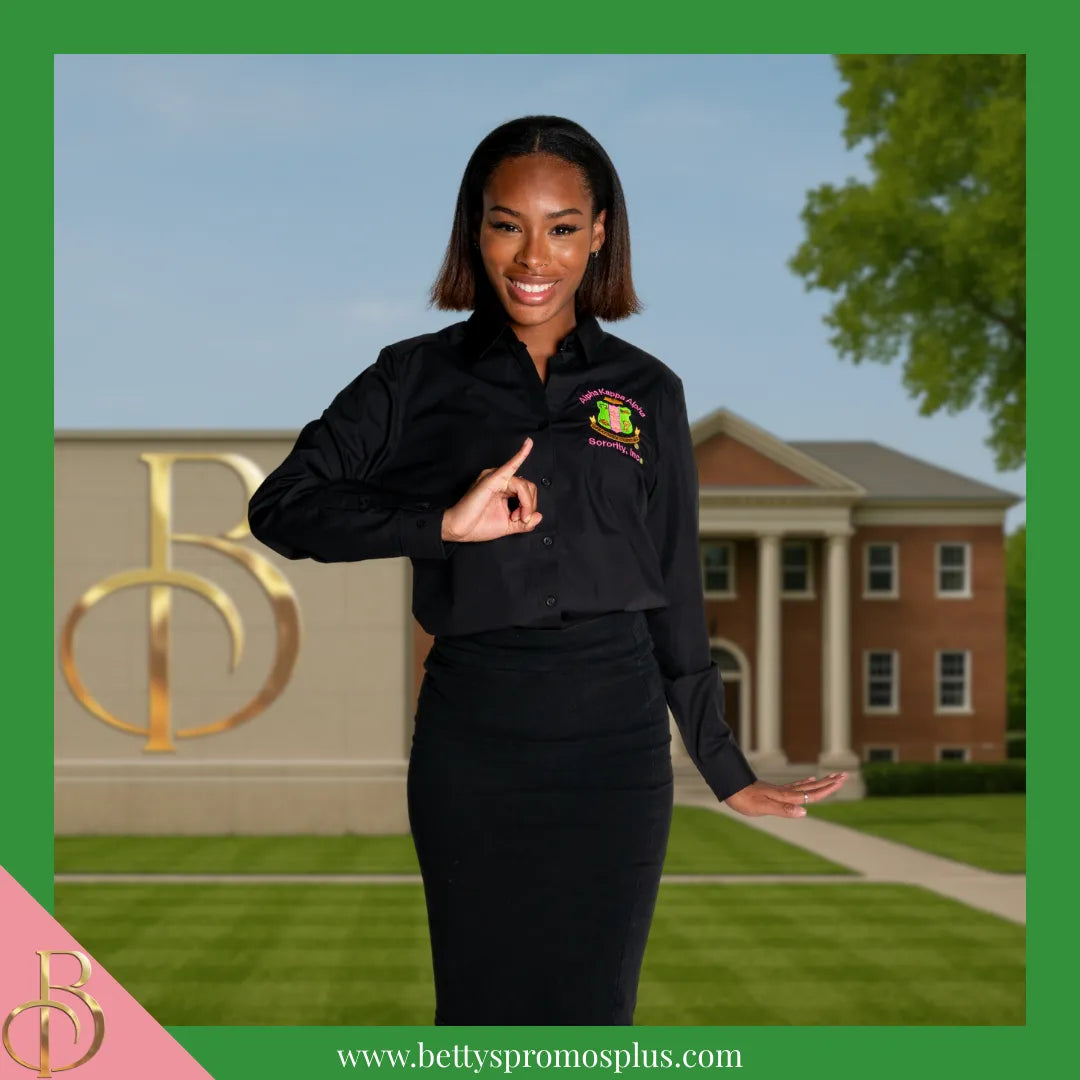 Alpha Kappa Alpha AKA Long Sleeve Button-Up Poplin Shirt with Embroidered Shield-Alpha Kappa Alpha Paraphernalia-Alpha Kappa Alpha Button-Up Shirts-Betty's Promos Plus