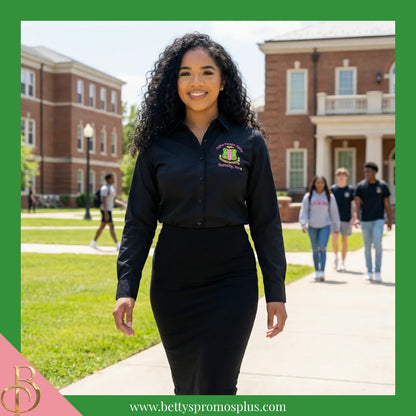 Alpha Kappa Alpha AKA Long Sleeve Button-Up Poplin Shirt with Embroidered Shield-Alpha Kappa Alpha Paraphernalia-Alpha Kappa Alpha Button-Up Shirts-Betty's Promos Plus