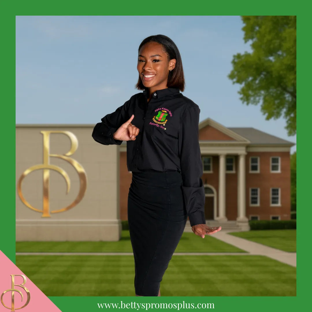 Alpha Kappa Alpha AKA Long Sleeve Button-Up Poplin Shirt with Embroidered Shield-Alpha Kappa Alpha Paraphernalia-Alpha Kappa Alpha Button-Up Shirts-Betty's Promos Plus