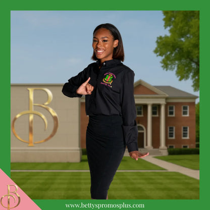Alpha Kappa Alpha AKA Long Sleeve Button-Up Poplin Shirt with Embroidered Shield-Alpha Kappa Alpha Paraphernalia-Alpha Kappa Alpha Button-Up Shirts-Betty's Promos Plus