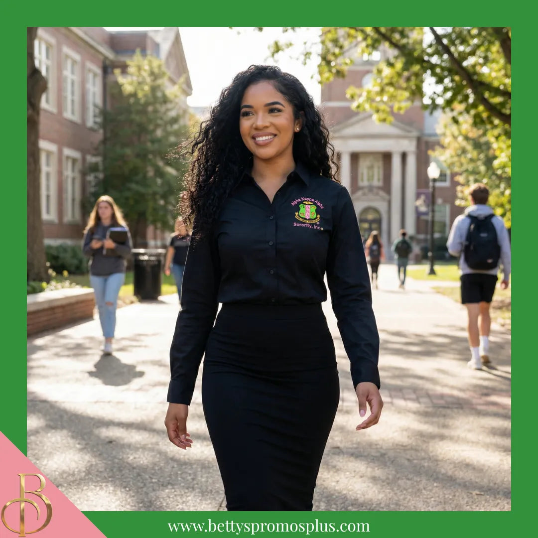 Alpha Kappa Alpha AKA Long Sleeve Button-Up Poplin Shirt with Embroidered Shield-Alpha Kappa Alpha Paraphernalia-Alpha Kappa Alpha Button-Up Shirts-Betty's Promos Plus