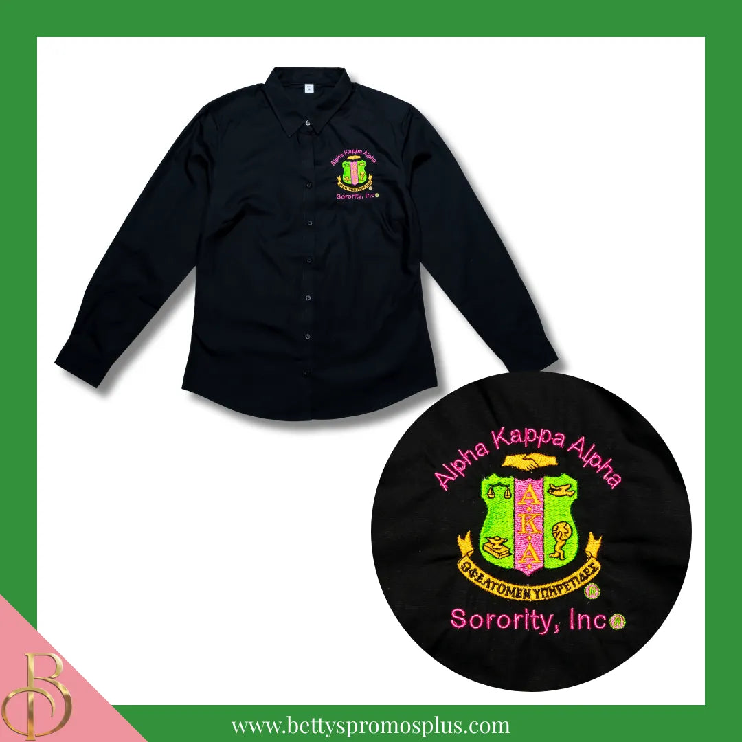 Alpha Kappa Alpha AKA Long Sleeve Button-Up Poplin Shirt with Embroidered Shield-Alpha Kappa Alpha Paraphernalia-Alpha Kappa Alpha Button-Up Shirts-Betty's Promos Plus