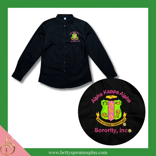 Alpha Kappa Alpha AKA Long Sleeve Button-Up Poplin Shirt with Embroidered Shield-Alpha Kappa Alpha Paraphernalia-Alpha Kappa Alpha Button-Up Shirts-Betty's Promos Plus