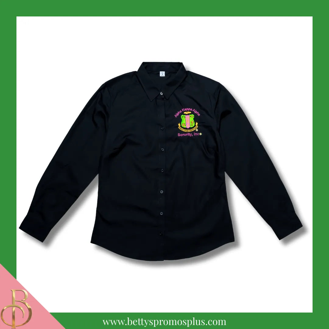 Alpha Kappa Alpha AKA Long Sleeve Button-Up Poplin Shirt with Embroidered Shield-Black-X-Small-Alpha Kappa Alpha Paraphernalia-Alpha Kappa Alpha Button-Up Shirts-Betty's Promos Plus