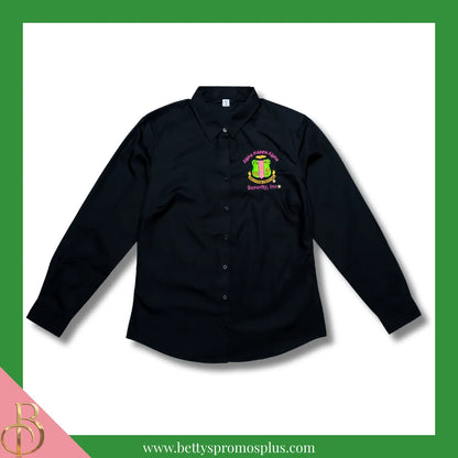 Alpha Kappa Alpha AKA Long Sleeve Button-Up Poplin Shirt with Embroidered Shield-Black-X-Small-Alpha Kappa Alpha Paraphernalia-Alpha Kappa Alpha Button-Up Shirts-Betty's Promos Plus