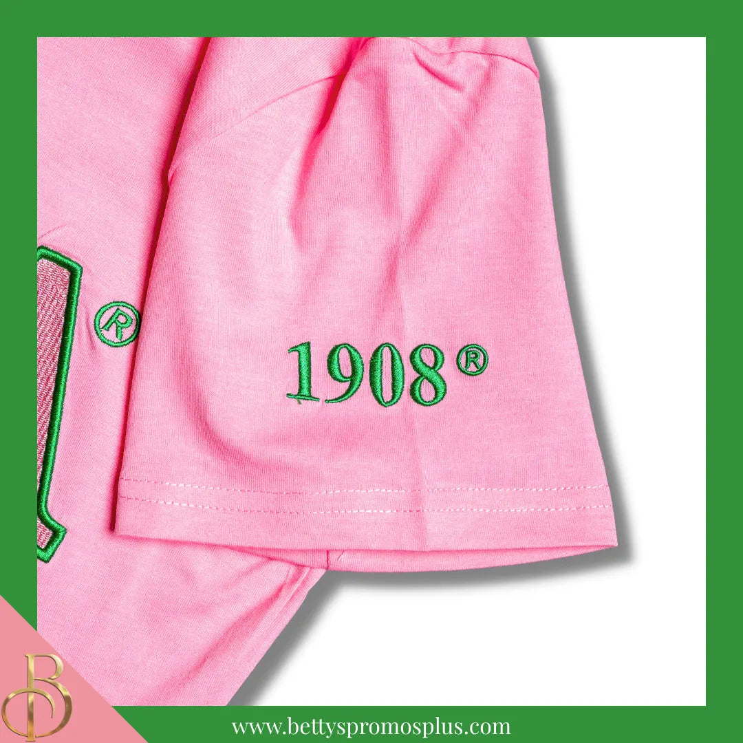 Alpha Kappa Alpha AKA Luxury Embroidered T-Shirt with 1908 Sleeve-Alpha Kappa Alpha Paraphernalia-Alpha Kappa Alpha T-Shirts-Betty's Promos Plus