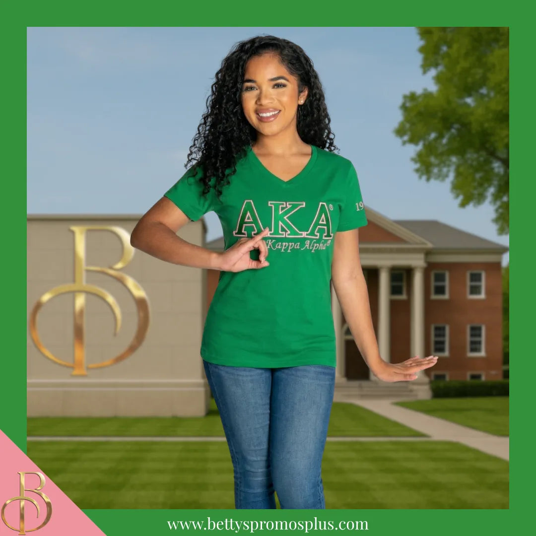 Alpha Kappa Alpha AKA Luxury Embroidered T-Shirt with 1908 Sleeve-Alpha Kappa Alpha Paraphernalia-Alpha Kappa Alpha T-Shirts-Betty's Promos Plus
