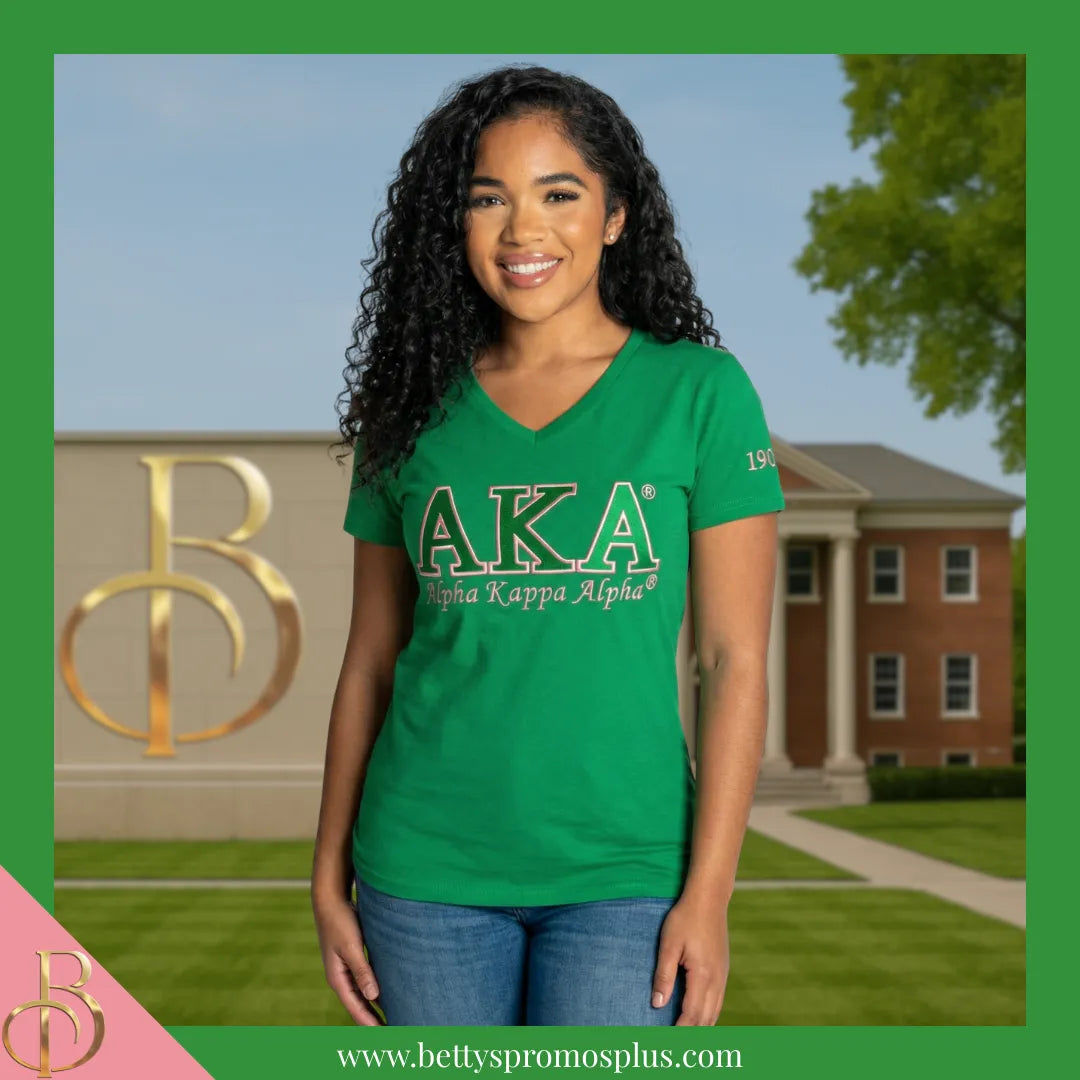 Alpha Kappa Alpha AKA Luxury Embroidered T-Shirt with 1908 Sleeve-Alpha Kappa Alpha Paraphernalia-Alpha Kappa Alpha T-Shirts-Betty's Promos Plus