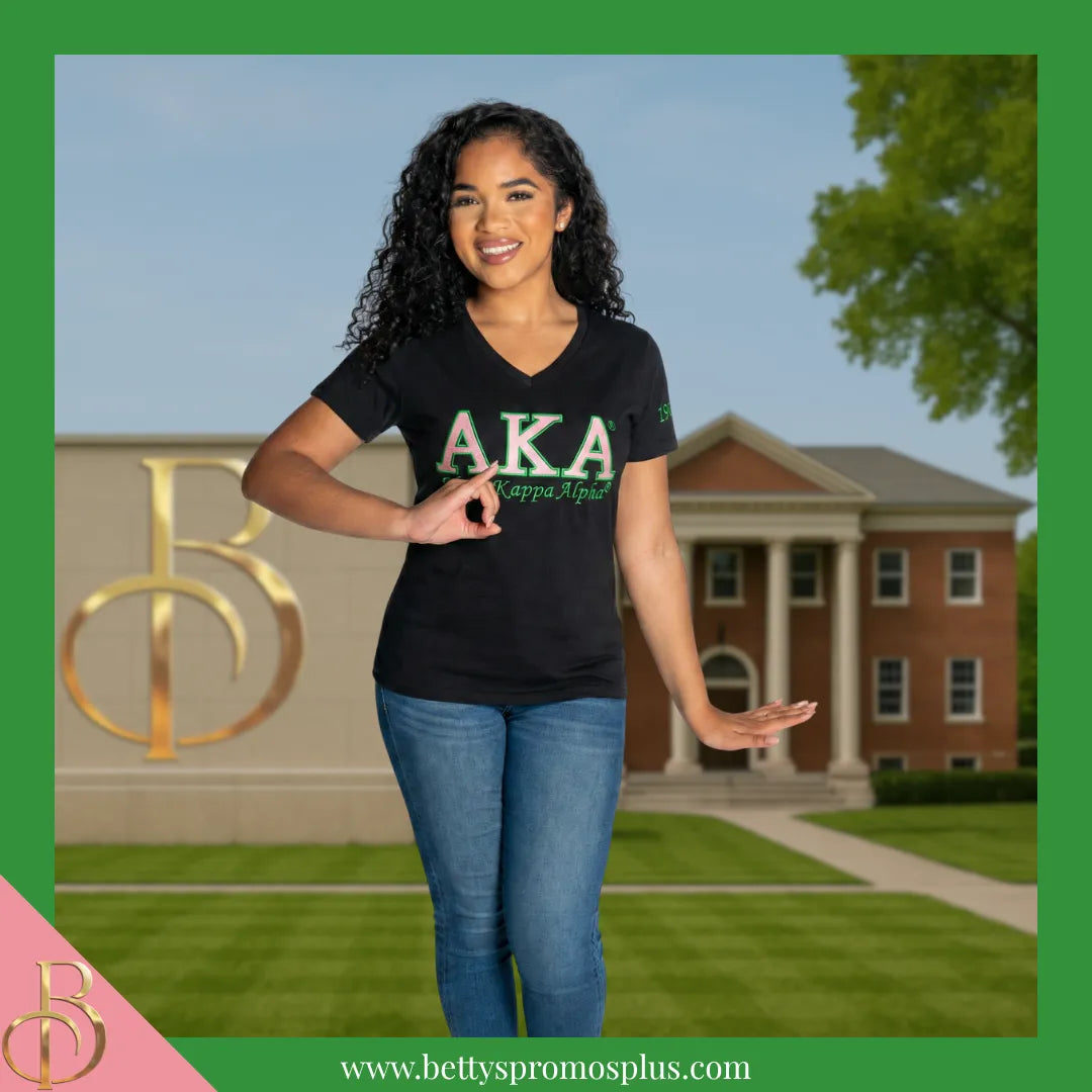 Alpha Kappa Alpha AKA Luxury Embroidered T-Shirt with 1908 Sleeve-Alpha Kappa Alpha Paraphernalia-Alpha Kappa Alpha T-Shirts-Betty's Promos Plus