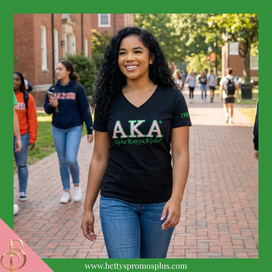 Alpha Kappa Alpha AKA Luxury Embroidered T-Shirt with 1908 Sleeve-Alpha Kappa Alpha Paraphernalia-Alpha Kappa Alpha T-Shirts-Betty's Promos Plus