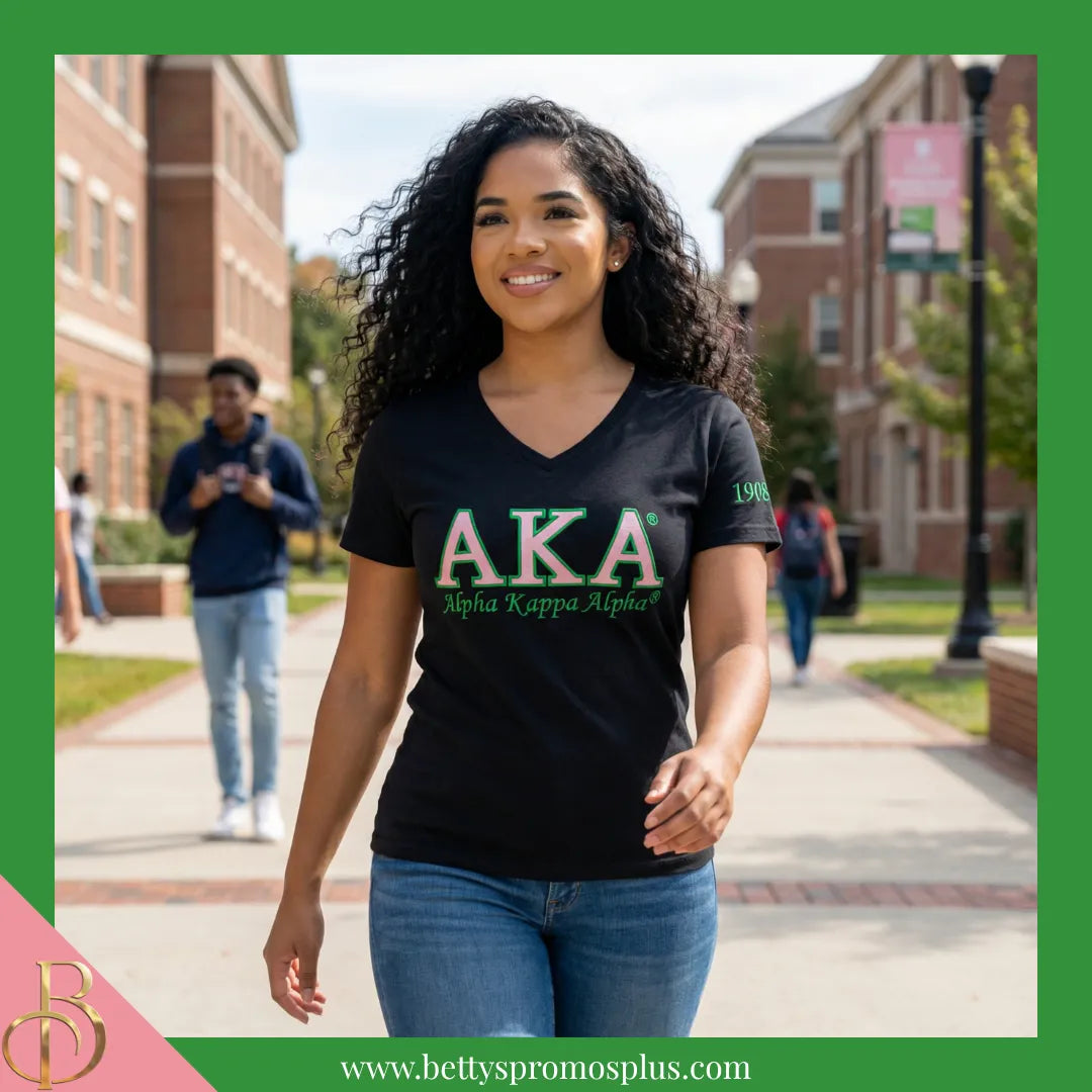 Alpha Kappa Alpha AKA Luxury Embroidered T-Shirt with 1908 Sleeve-Alpha Kappa Alpha Paraphernalia-Alpha Kappa Alpha T-Shirts-Betty's Promos Plus