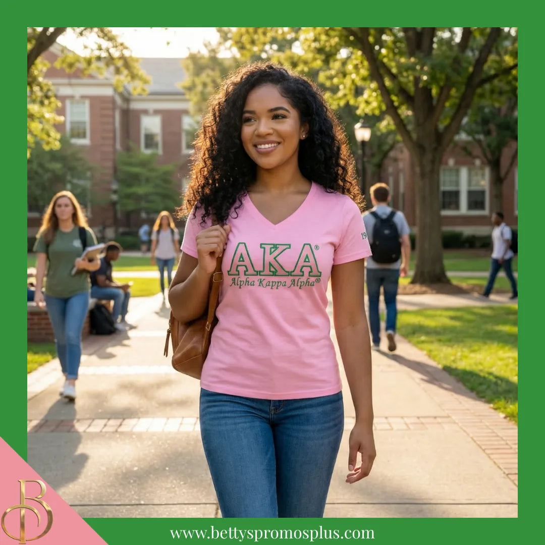 Alpha Kappa Alpha AKA Luxury Embroidered T-Shirt with 1908 Sleeve-Alpha Kappa Alpha Paraphernalia-Alpha Kappa Alpha T-Shirts-Betty's Promos Plus