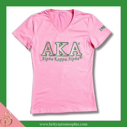 Alpha Kappa Alpha AKA Luxury Embroidered T-Shirt with 1908 Sleeve-Alpha Kappa Alpha Paraphernalia-Alpha Kappa Alpha T-Shirts-Betty's Promos Plus