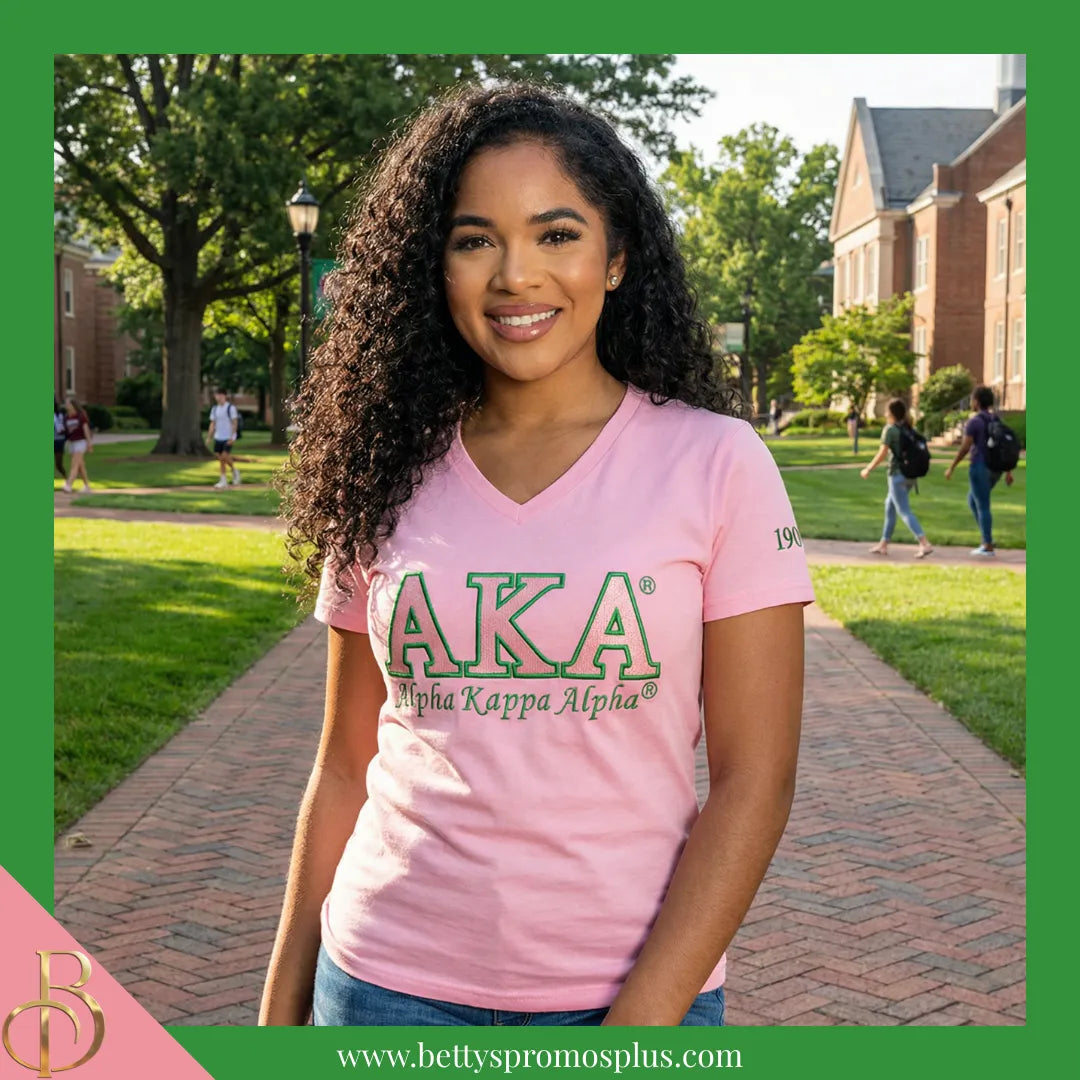 Alpha Kappa Alpha AKA Luxury Embroidered T-Shirt with 1908 Sleeve-Alpha Kappa Alpha Paraphernalia-Alpha Kappa Alpha T-Shirts-Betty's Promos Plus