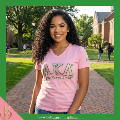 Alpha Kappa Alpha AKA Luxury Embroidered T-Shirt with 1908 Sleeve-Alpha Kappa Alpha Paraphernalia-Alpha Kappa Alpha T-Shirts-Betty's Promos Plus