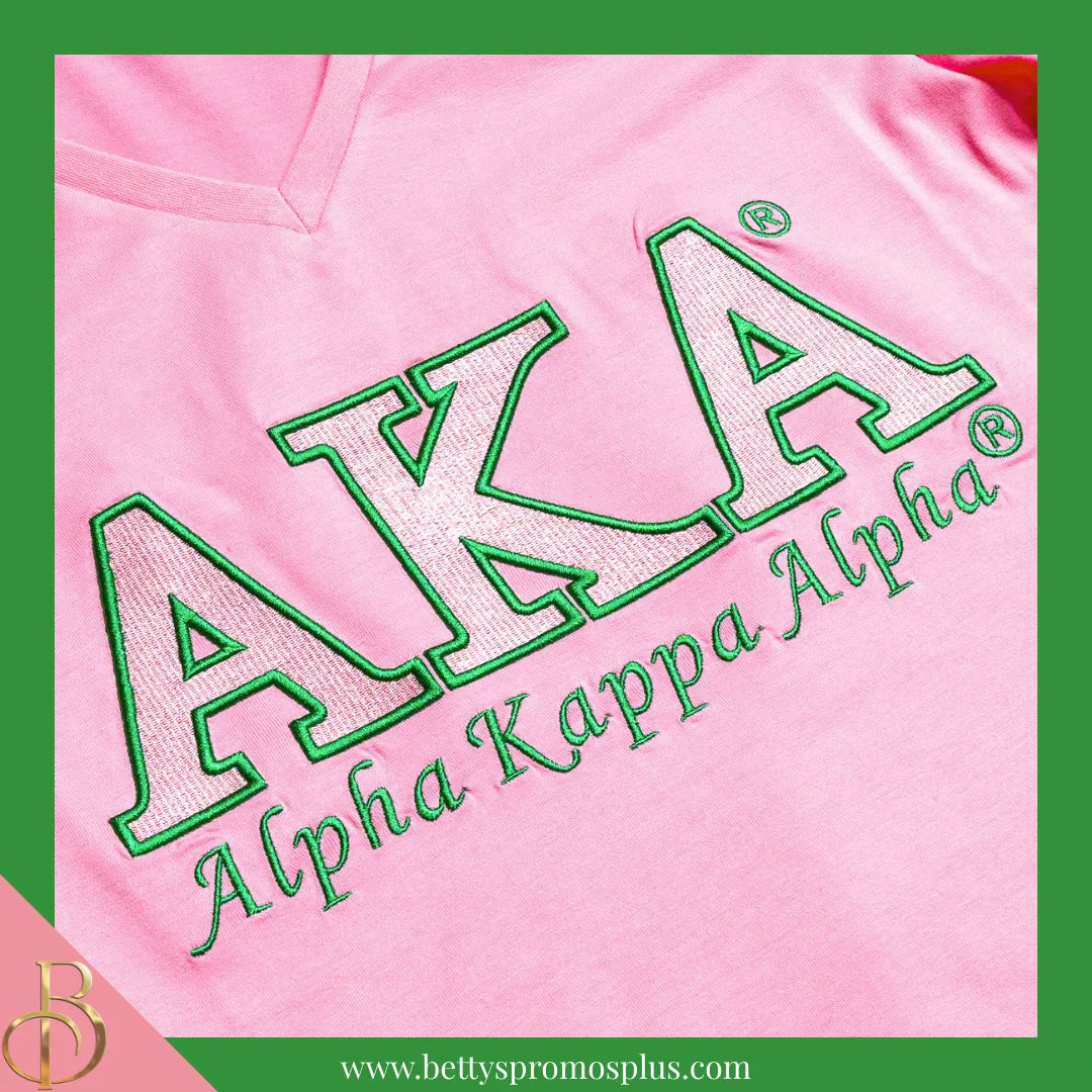 Alpha Kappa Alpha AKA Luxury Embroidered T-Shirt with 1908 Sleeve-Alpha Kappa Alpha Paraphernalia-Alpha Kappa Alpha T-Shirts-Betty's Promos Plus