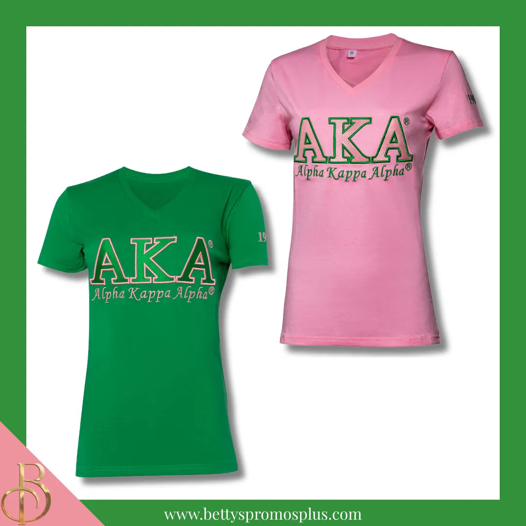 Alpha Kappa Alpha AKA Luxury Embroidered T-Shirt with 1908 Sleeve-Alpha Kappa Alpha Paraphernalia-Alpha Kappa Alpha T-Shirts-Betty's Promos Plus