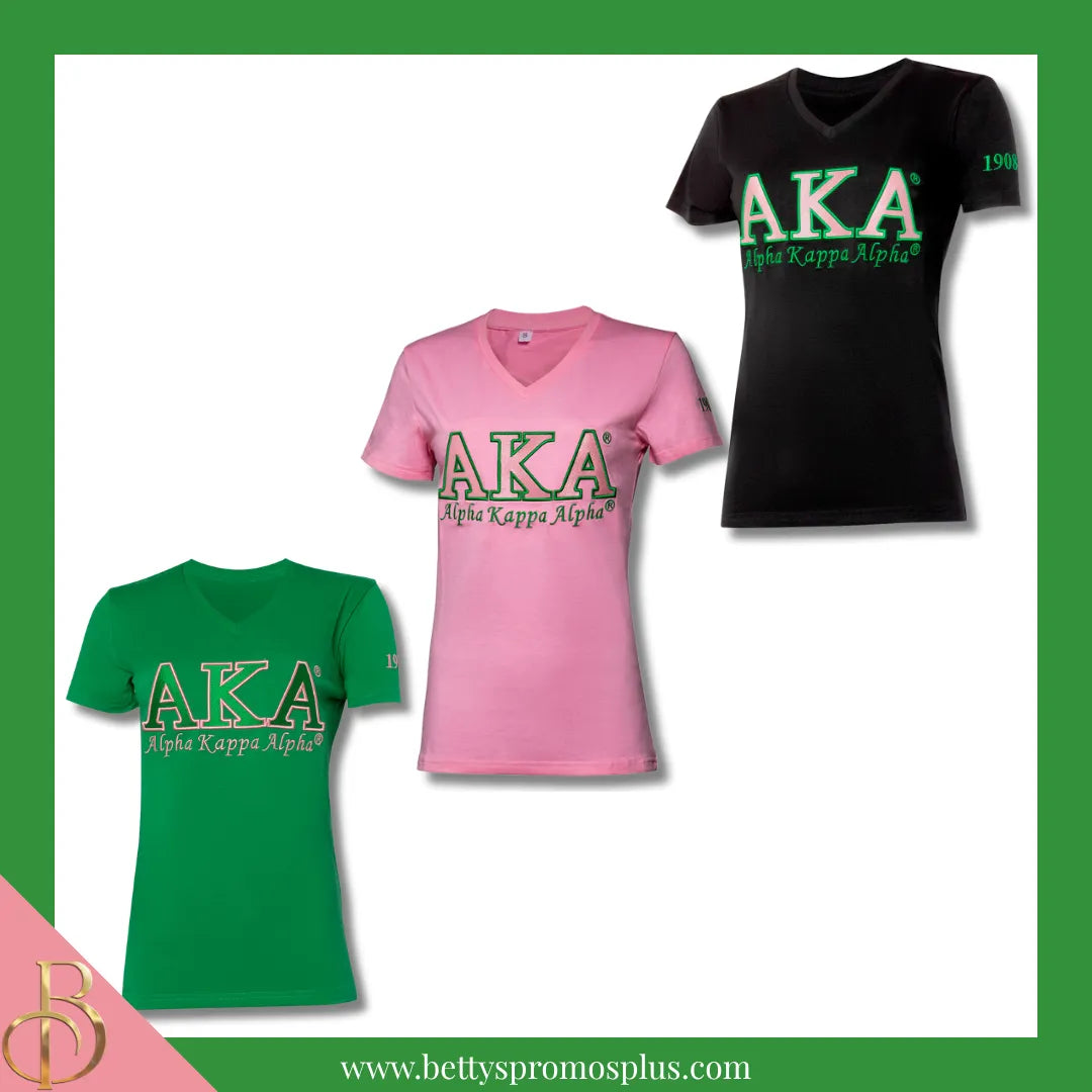 Alpha Kappa Alpha AKA Luxury Embroidered T-Shirt with 1908 Sleeve-Alpha Kappa Alpha Paraphernalia-Alpha Kappa Alpha T-Shirts-Betty's Promos Plus