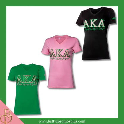 Alpha Kappa Alpha AKA Luxury Embroidered T-Shirt with 1908 Sleeve-Alpha Kappa Alpha Paraphernalia-Alpha Kappa Alpha T-Shirts-Betty's Promos Plus