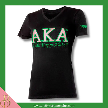 Alpha Kappa Alpha AKA Luxury Embroidered T-Shirt with 1908 Sleeve-Black-Small-Alpha Kappa Alpha Paraphernalia-Alpha Kappa Alpha T-Shirts-Betty's Promos Plus