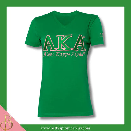 Alpha Kappa Alpha AKA Luxury Embroidered T-Shirt with 1908 Sleeve-Green-Small-Alpha Kappa Alpha Paraphernalia-Alpha Kappa Alpha T-Shirts-Betty's Promos Plus