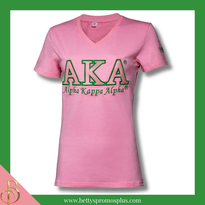 Alpha Kappa Alpha AKA Luxury Embroidered T-Shirt with 1908 Sleeve-Pink-Small-Alpha Kappa Alpha Paraphernalia-Alpha Kappa Alpha T-Shirts-Betty's Promos Plus