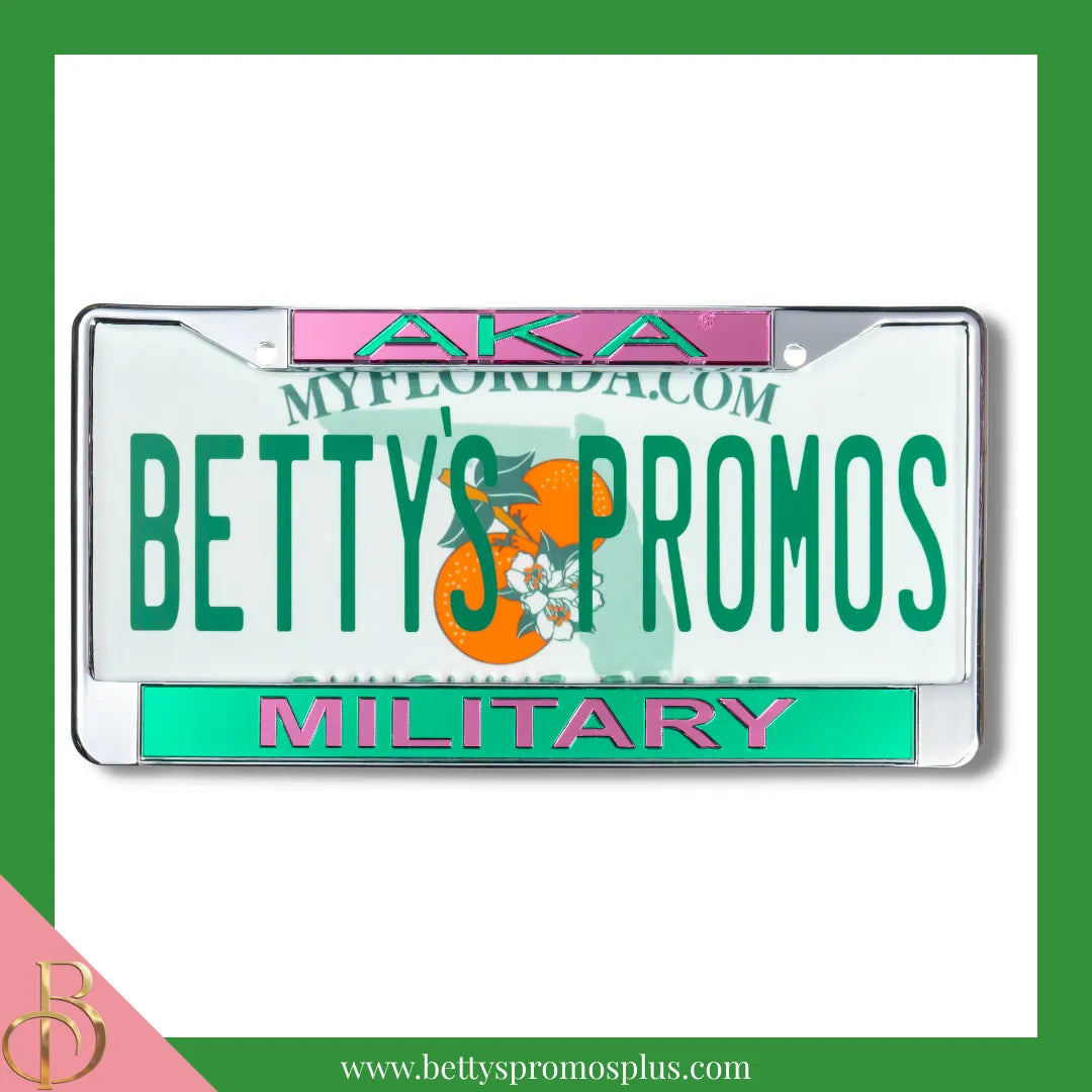 Alpha Kappa Alpha AKA Military Chrome Laser Engraved Mirrored Acrylic Auto Tag License Plate Frame-Green Bottom-Alpha Kappa Alpha Paraphernalia-Alpha Kappa Alpha Auto Tag Frame-Betty's Promos Plus