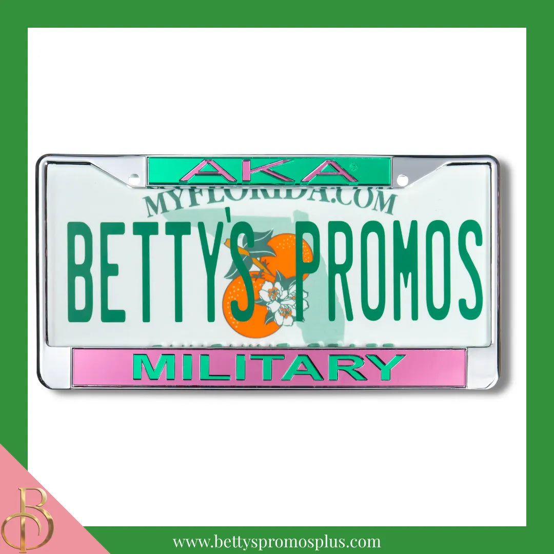 Alpha Kappa Alpha AKA Military Chrome Laser Engraved Mirrored Acrylic Auto Tag License Plate Frame-Pink Bottom-Alpha Kappa Alpha Paraphernalia-Alpha Kappa Alpha Auto Tag Frame-Betty's Promos Plus