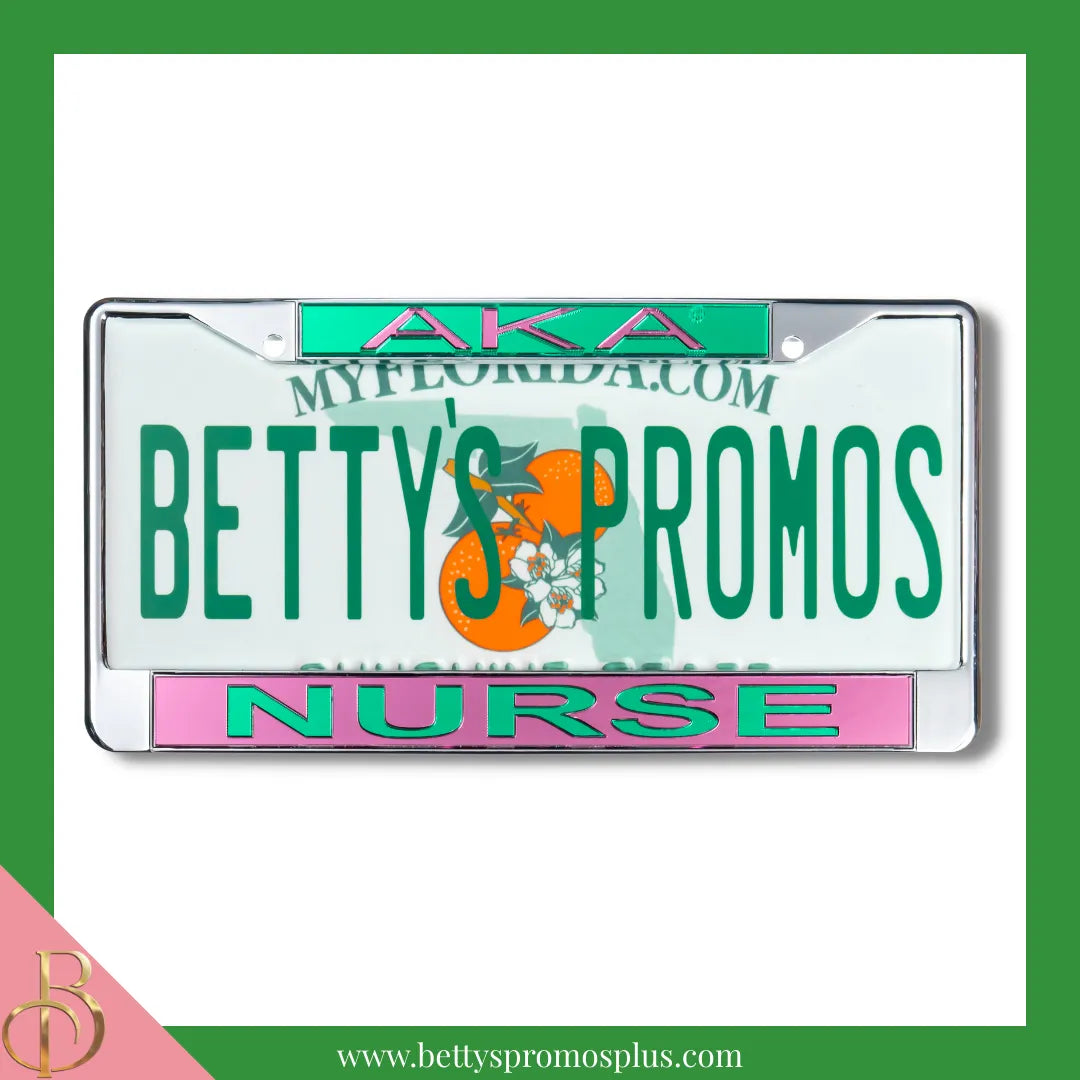 Alpha Kappa Alpha AKA Nurse Chrome Laser Engraved Mirrored Acrylic Auto Tag License Plate Frame-Alpha Kappa Alpha Paraphernalia-Alpha Kappa Alpha Auto Tag Frame-Betty's Promos Plus
