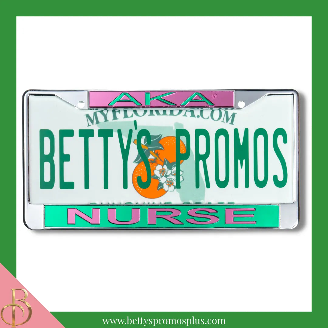 Alpha Kappa Alpha AKA Nurse Chrome Laser Engraved Mirrored Acrylic Auto Tag License Plate Frame-Alpha Kappa Alpha Paraphernalia-Alpha Kappa Alpha Auto Tag Frame-Betty's Promos Plus