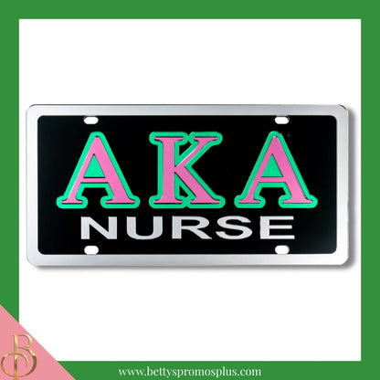 Alpha Kappa Alpha AKA Nurse Laser Engraved Mirrored Acrylic Auto Tag License Plate-Black-Alpha Kappa Alpha Paraphernalia-Alpha Kappa Alpha Auto Tag-Betty's Promos Plus