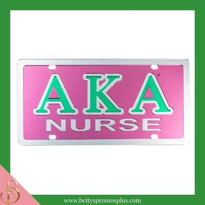 Alpha Kappa Alpha AKA Nurse Laser Engraved Mirrored Acrylic Auto Tag License Plate-Pink-Alpha Kappa Alpha Paraphernalia-Alpha Kappa Alpha Auto Tag-Betty's Promos Plus