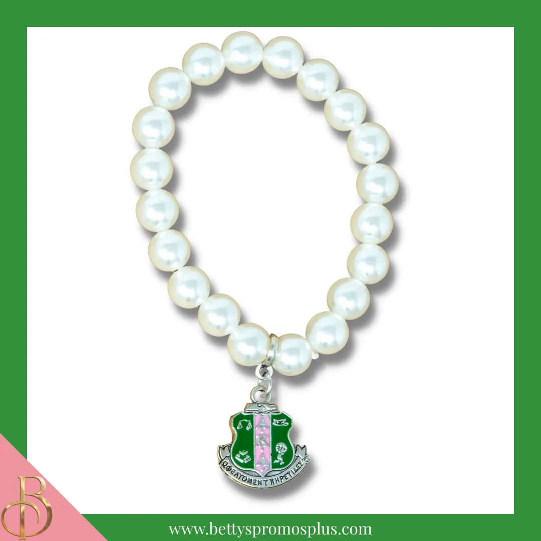 Alpha Kappa Alpha AKA Pearl Bracelet with Shield Charm-Alpha Kappa Alpha Paraphernalia-Alpha Kappa Alpha Bracelet-Betty's Promos Plus