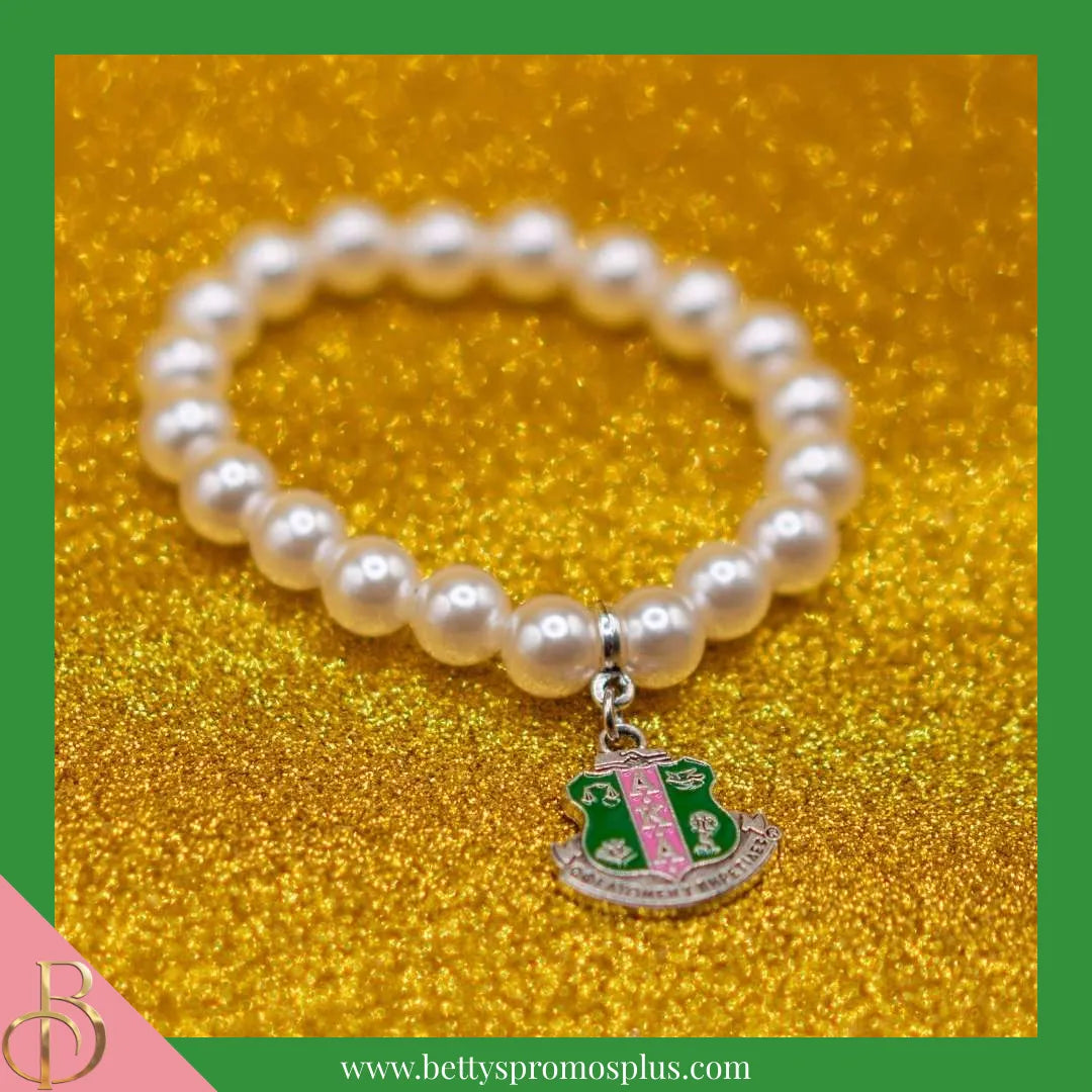 Alpha Kappa Alpha AKA Pearl Bracelet with Shield Charm-Alpha Kappa Alpha Paraphernalia-Alpha Kappa Alpha Bracelet-Betty's Promos Plus
