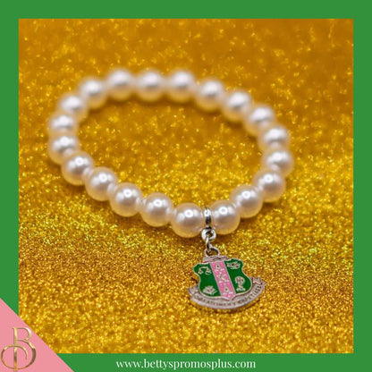 Alpha Kappa Alpha AKA Pearl Bracelet with Shield Charm-Alpha Kappa Alpha Paraphernalia-Alpha Kappa Alpha Bracelet-Betty's Promos Plus