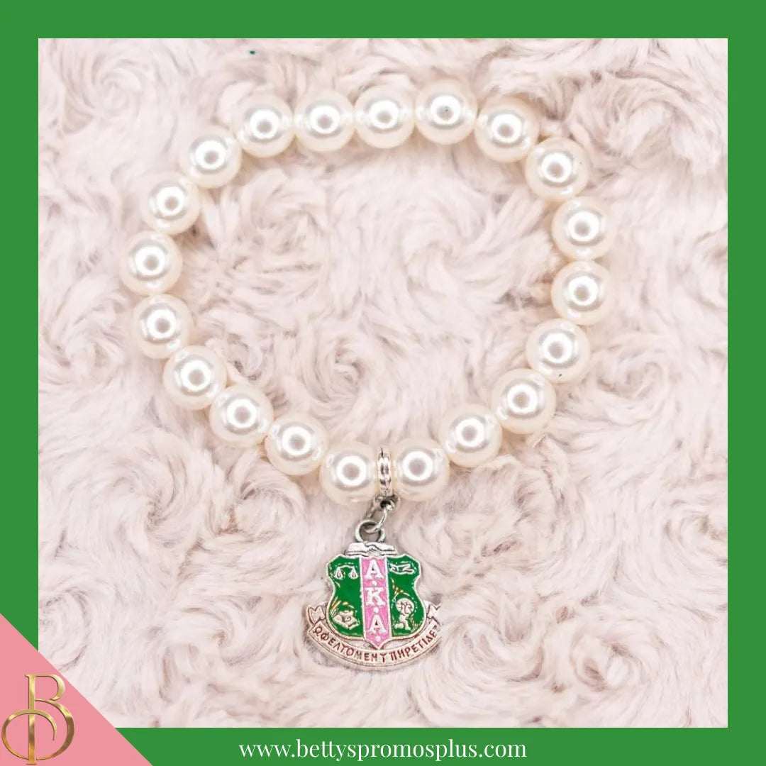 Alpha Kappa Alpha AKA Pearl Bracelet with Shield Charm-Alpha Kappa Alpha Paraphernalia-Alpha Kappa Alpha Bracelet-Betty's Promos Plus