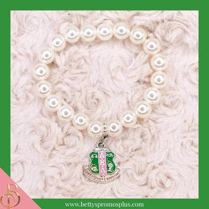 Alpha Kappa Alpha AKA Pearl Bracelet with Shield Charm-Alpha Kappa Alpha Paraphernalia-Alpha Kappa Alpha Bracelet-Betty's Promos Plus