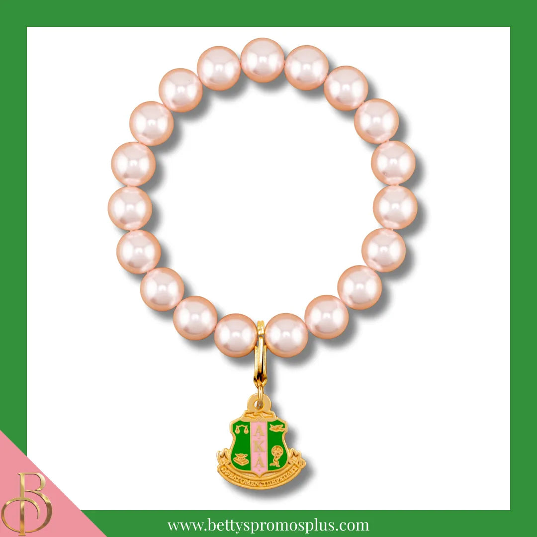 Alpha Kappa Alpha AKA Pearl Bracelet with Shield Charm-Alpha Kappa Alpha Paraphernalia-Alpha Kappa Alpha Bracelet-Betty's Promos Plus
