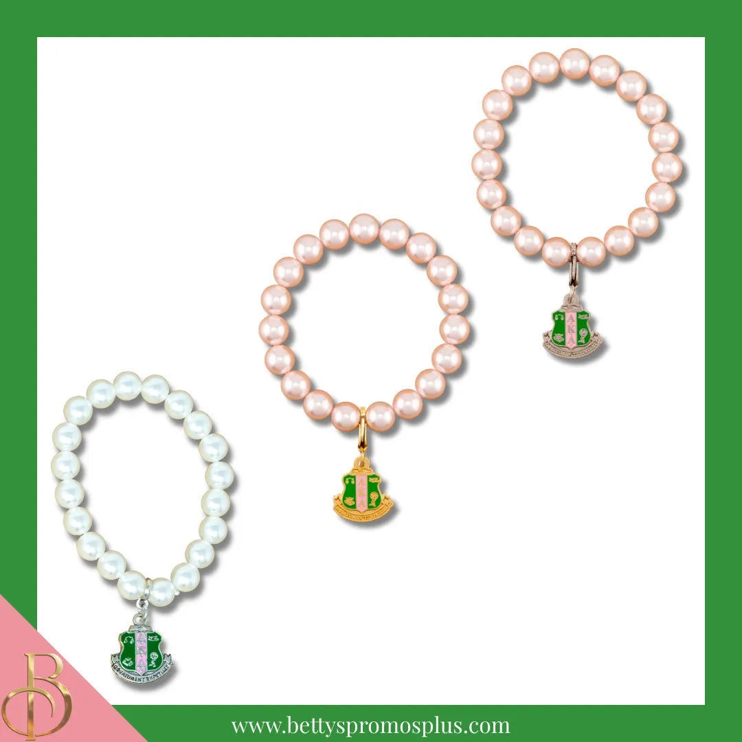 Alpha Kappa Alpha AKA Pearl Bracelet with Shield Charm-Alpha Kappa Alpha Paraphernalia-Alpha Kappa Alpha Bracelet-Betty's Promos Plus